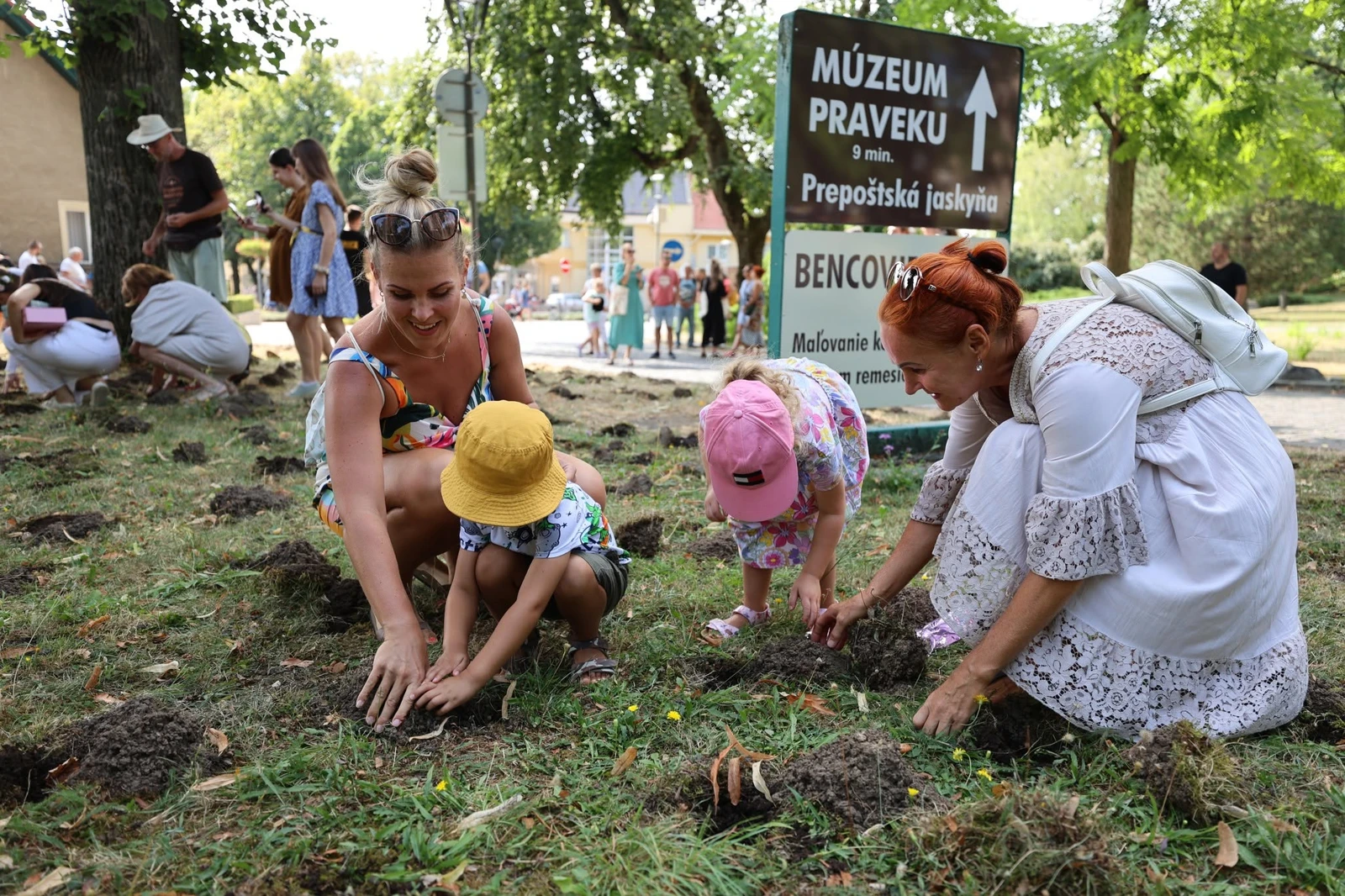 Dospelí a deti spoločne sadia šafrán v Bojniciach