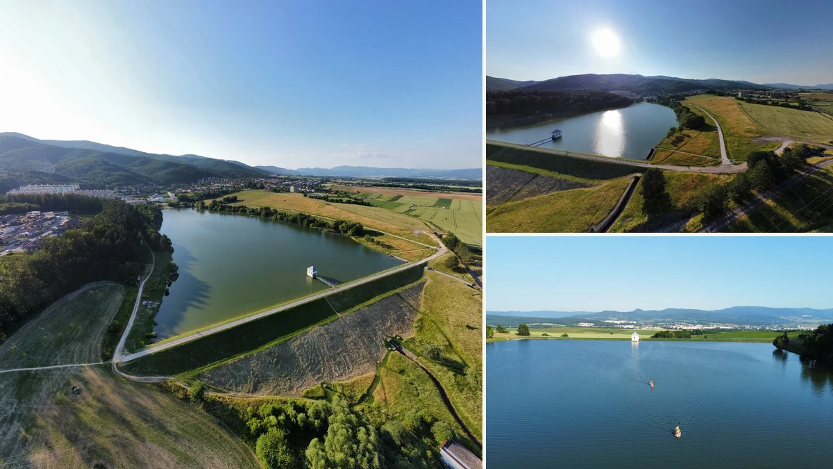 Koláž leteckých a letných pohľadov na vodnú nádrž Kanianka
