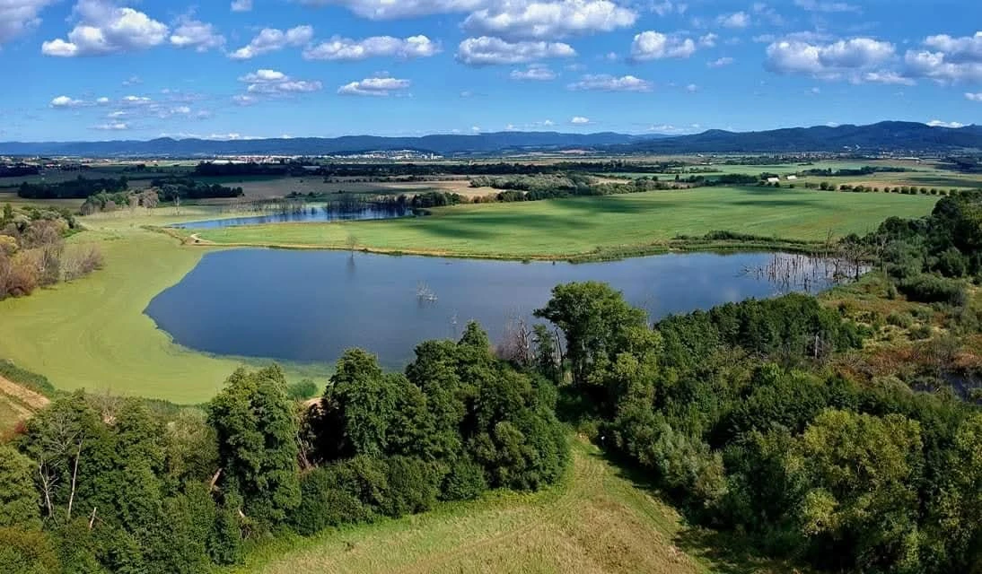 Laskárske jazero a okolité mokrade pri pohľade z výšky