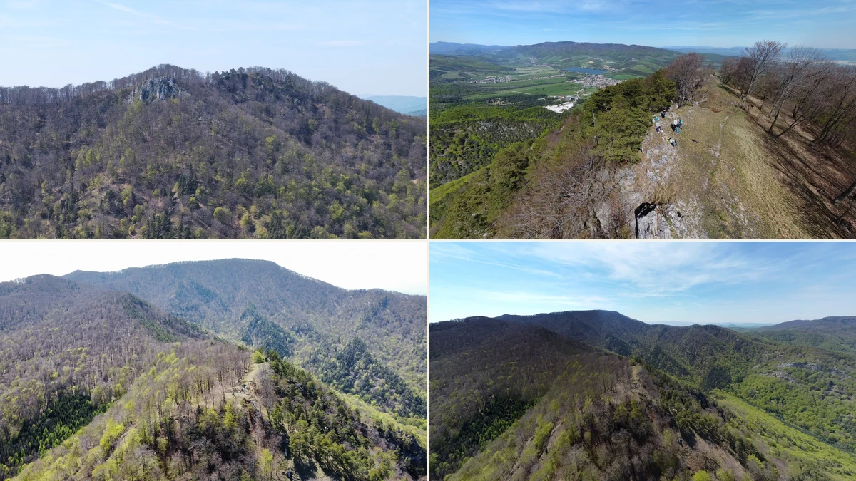 Koláž štyroch fotografií Rokoša: skalné hrebene, lesy a výhľady do Rudnianskej doliny