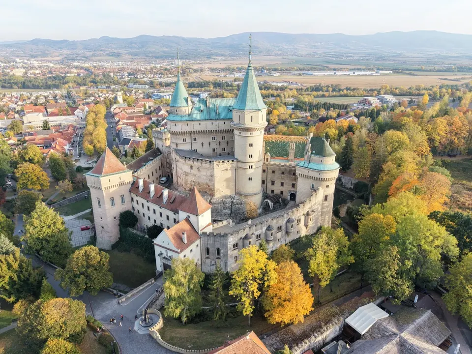 Bojnice Castle, paths in the autumn park and the historic town centre