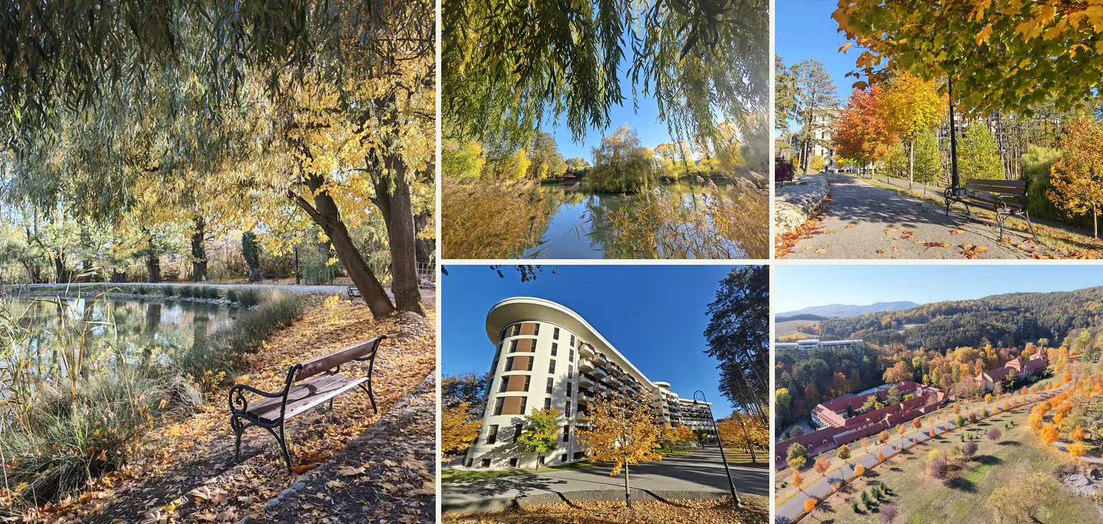 Autumn at Bojnice Spa: a collage of the pond, park and spa buildings